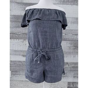 Ann Taylor Loft Off The Shoulder Romper Womens M Chambray Linen Blend Drawstring